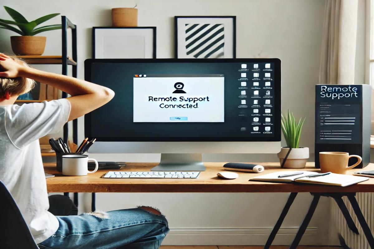 A frustrated individual with a frozen PC screen, remote support notification displayed, showcasing a home office setup