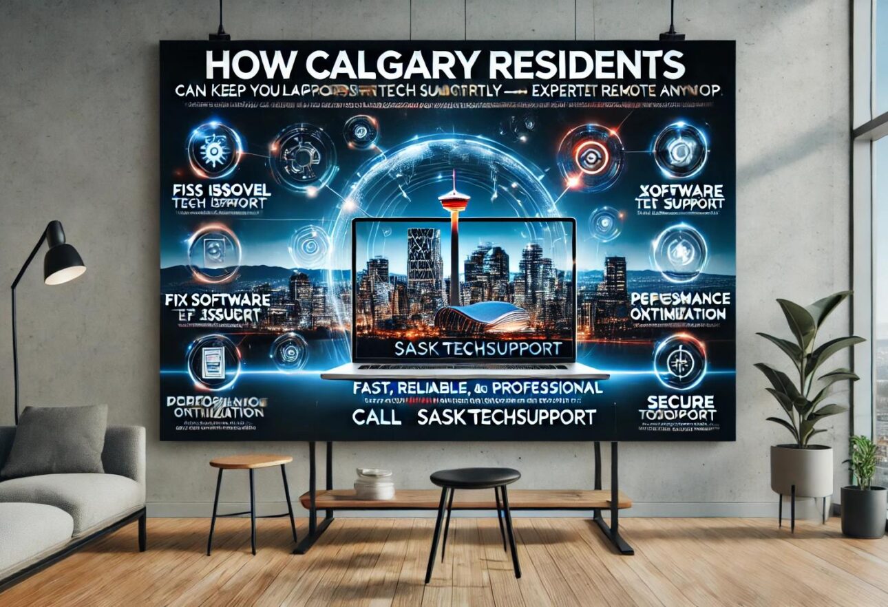 Professional banner promoting remote tech support for Calgary residents, featuring a laptop with glowing digital elements, Calgary skyline, and text highlighting expert support services for software issues, performance optimization, and virus removal.