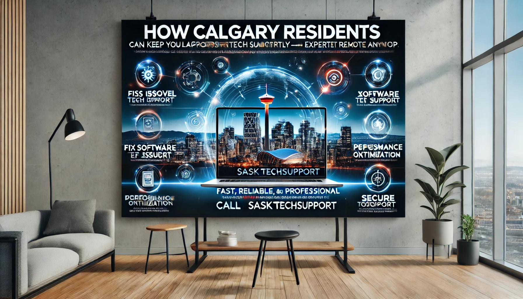 Professional banner promoting remote tech support for Calgary residents, featuring a laptop with glowing digital elements, Calgary skyline, and text highlighting expert support services for software issues, performance optimization, and virus removal.