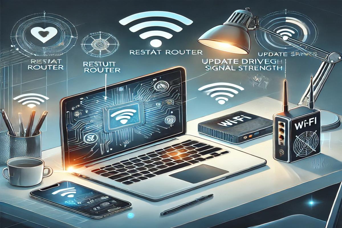 A guide to fixing unstable Wi-Fi connections, featuring a laptop and smartphone connected to a Wi-Fi network, troubleshooting options, and a clean desk setup with a router.