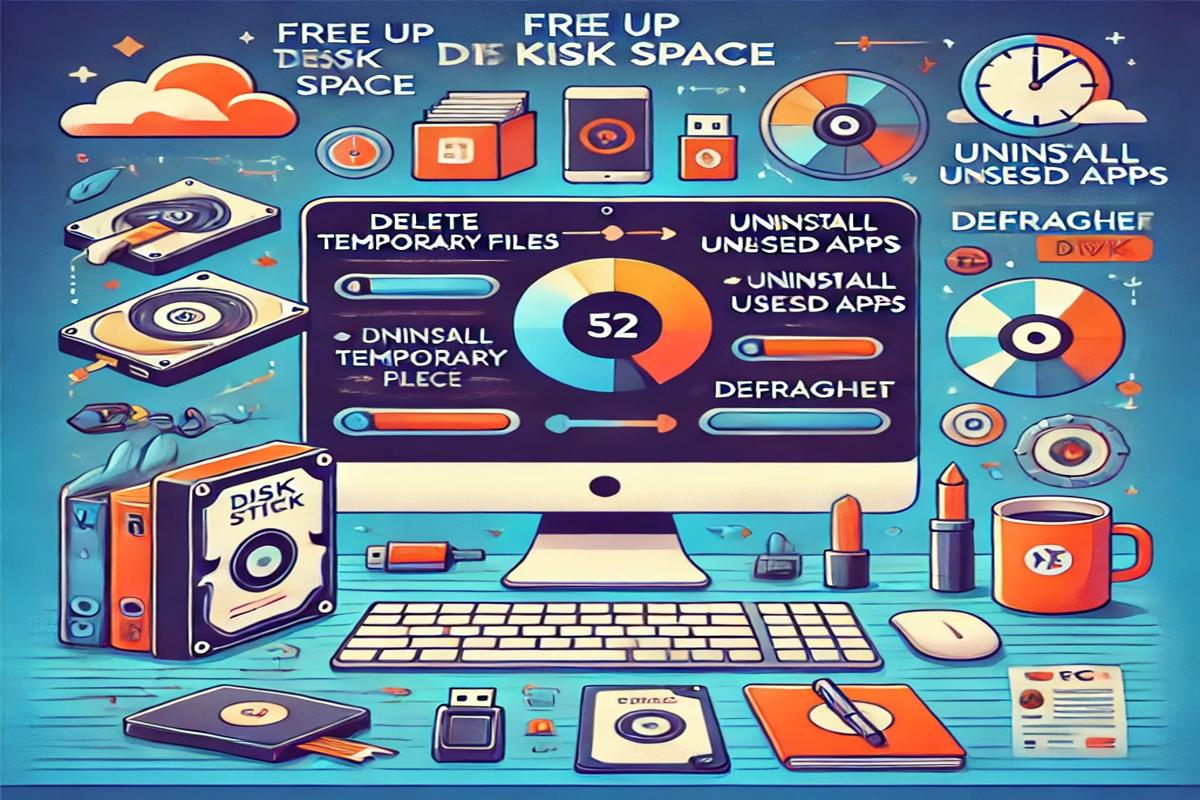 A visually engaging guide showing tips to free up disk space and enhance PC performance, featuring a computer with a storage optimization tool and a clean workspace.