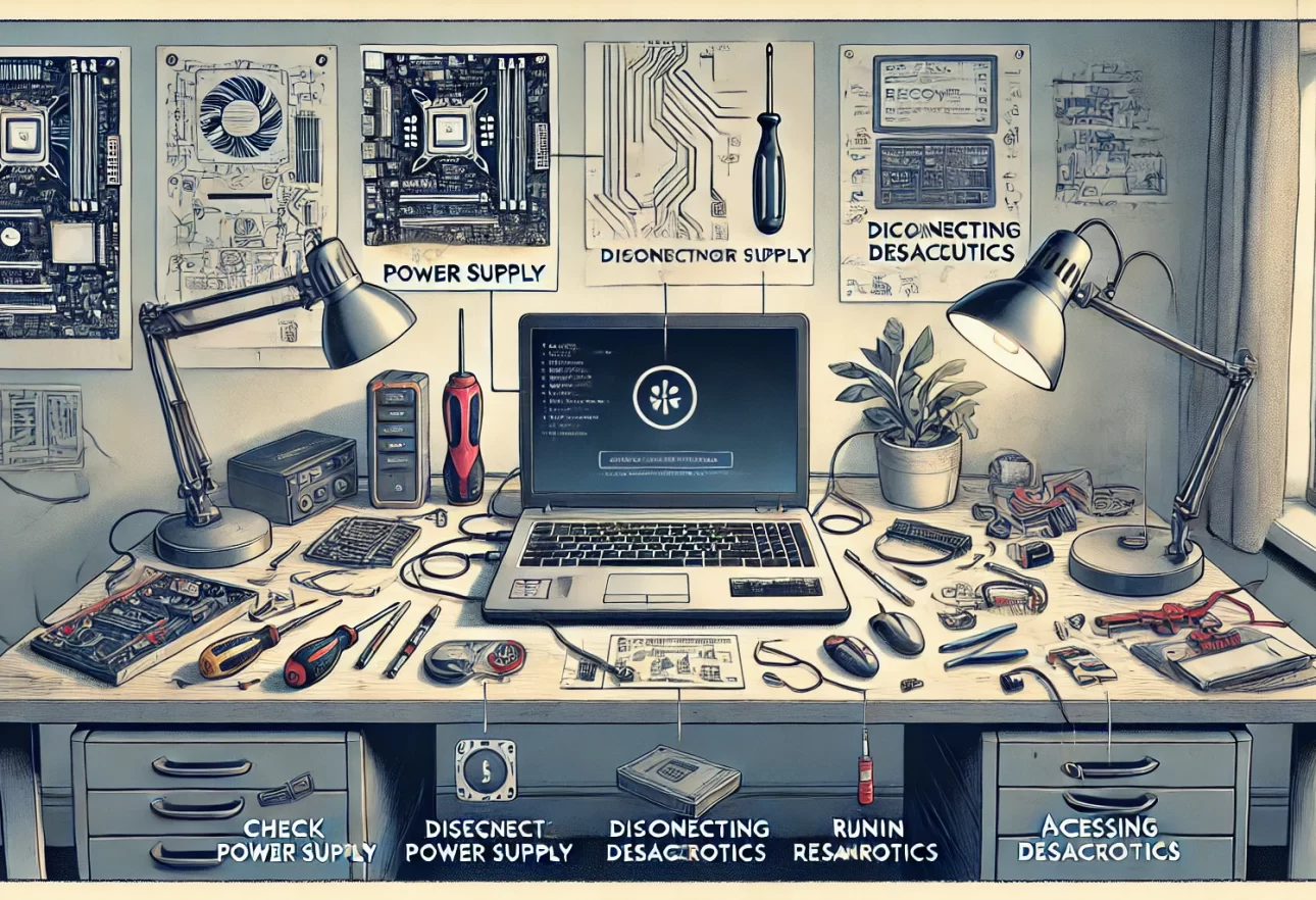 Illustration of troubleshooting steps to fix a laptop that won’t boot up, featuring a desk with tools like a screwdriver, USB recovery drive, and external monitor, with labeled steps including checking power supply, disconnecting peripherals, running diagnostics, and accessing BIOS settings, all set in a clean workspace.