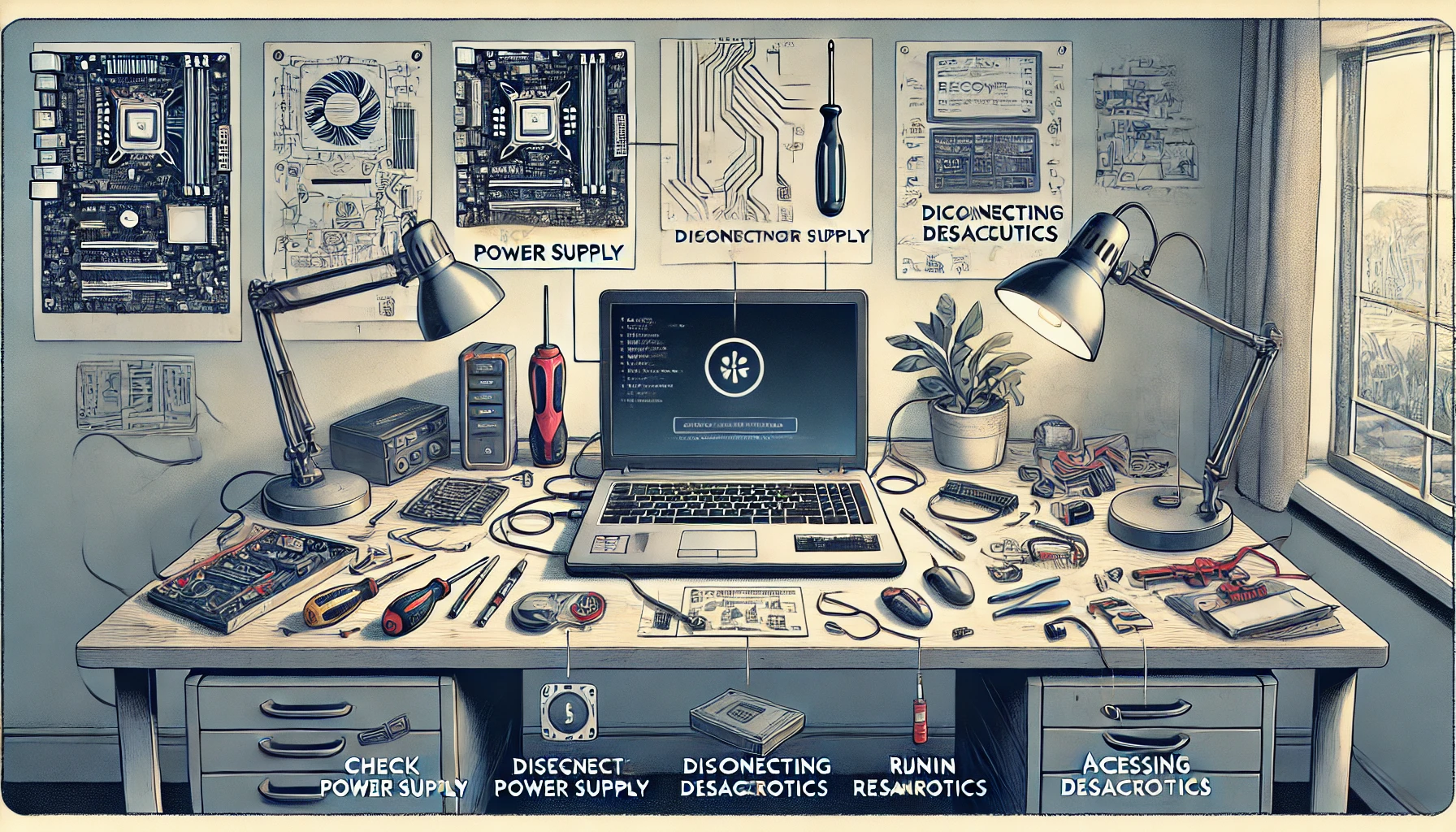 Illustration of troubleshooting steps to fix a laptop that won’t boot up, featuring a desk with tools like a screwdriver, USB recovery drive, and external monitor, with labeled steps including checking power supply, disconnecting peripherals, running diagnostics, and accessing BIOS settings, all set in a clean workspace.