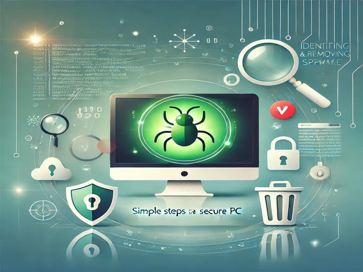 Illustration showing steps to identify and remove spyware for a secure PC, featuring a computer, magnifying glass, shield icon, and trash bin with a blue and white gradient background.