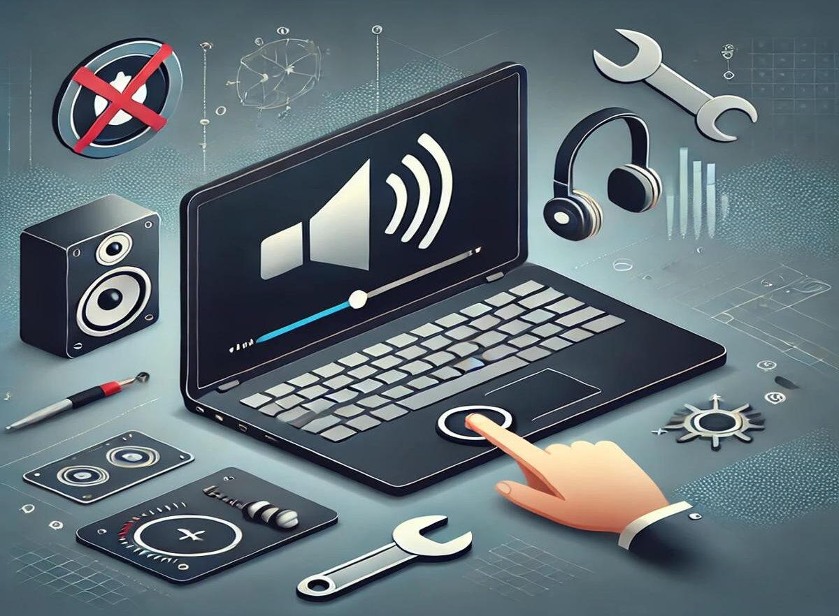 Illustration showing a laptop with a muted sound icon, surrounded by troubleshooting symbols like a speaker with a cross mark, headphones, a wrench, and a sound wave icon, with a professional tech-themed background.