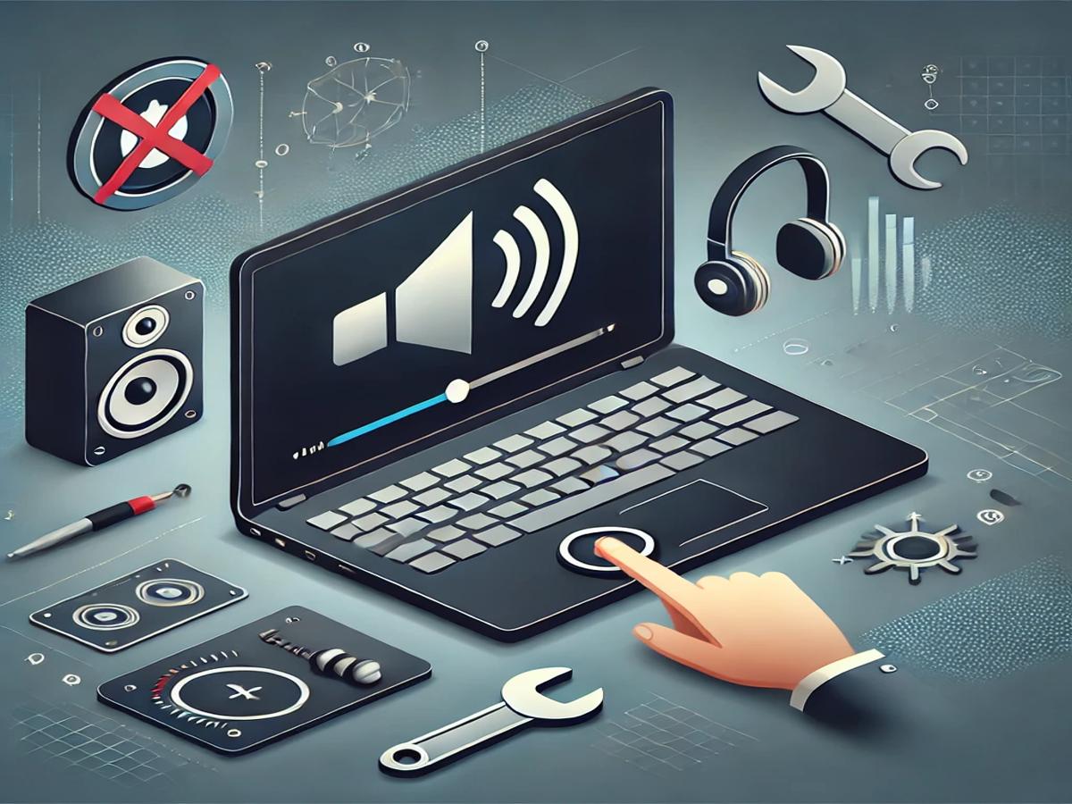 Illustration showing a laptop with a muted sound icon, surrounded by troubleshooting symbols like a speaker with a cross mark, headphones, a wrench, and a sound wave icon, with a professional tech-themed background.