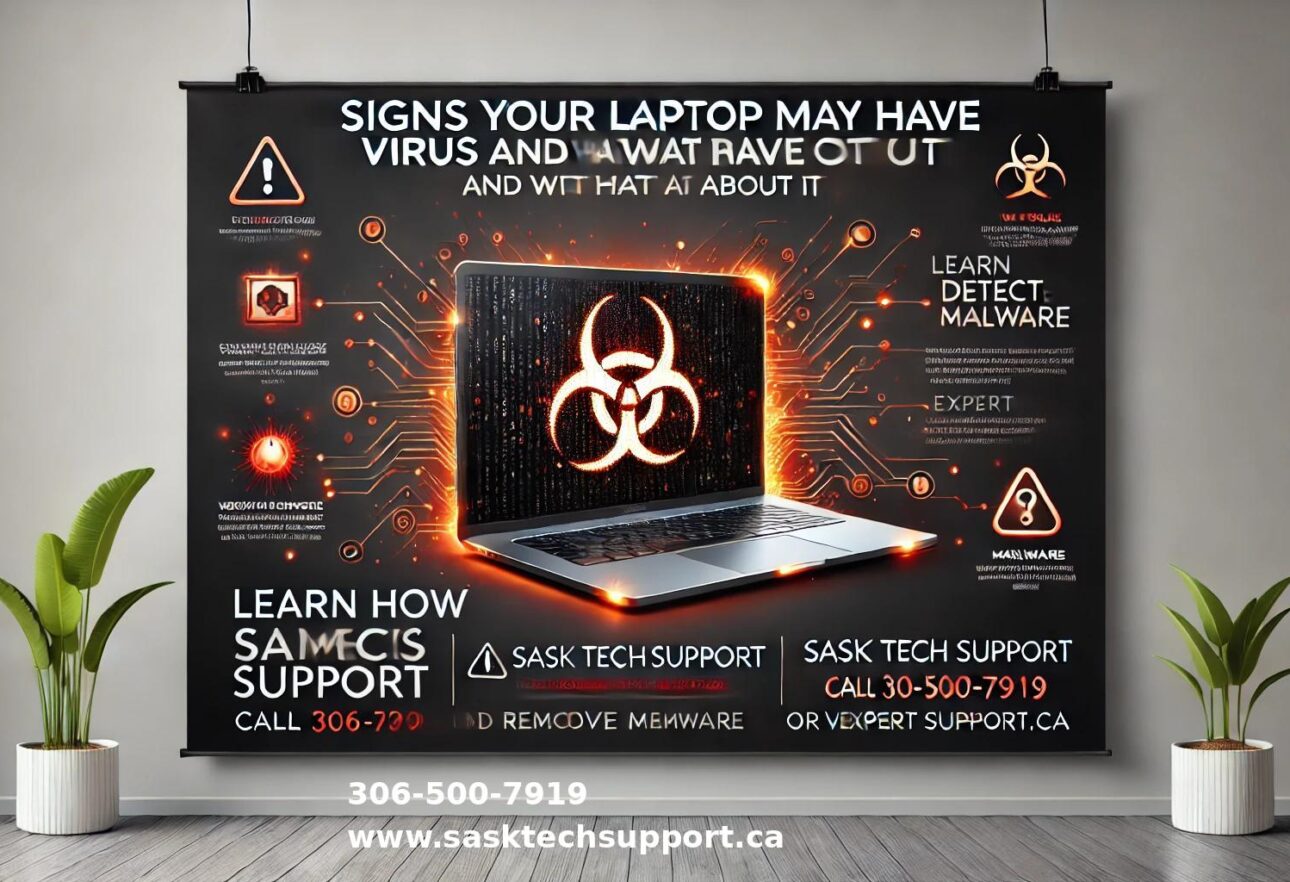 Professional banner highlighting signs of laptop viruses and solutions, featuring a warning symbol on a laptop screen with glowing red digital elements, and text emphasizing expert malware removal and remote tech support.