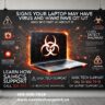 Professional banner highlighting signs of laptop viruses and solutions, featuring a warning symbol on a laptop screen with glowing red digital elements, and text emphasizing expert malware removal and remote tech support.