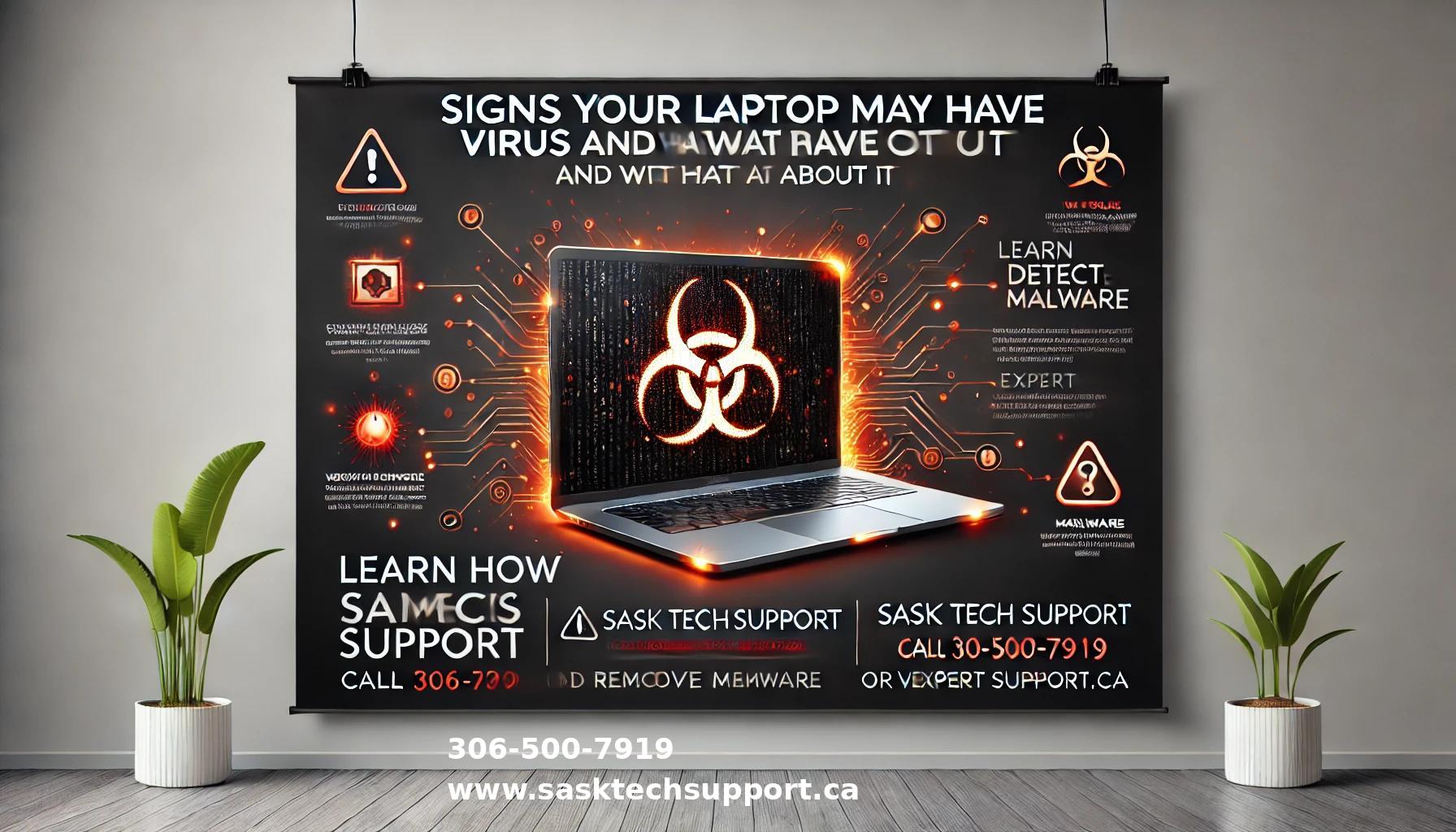 Professional banner highlighting signs of laptop viruses and solutions, featuring a warning symbol on a laptop screen with glowing red digital elements, and text emphasizing expert malware removal and remote tech support.