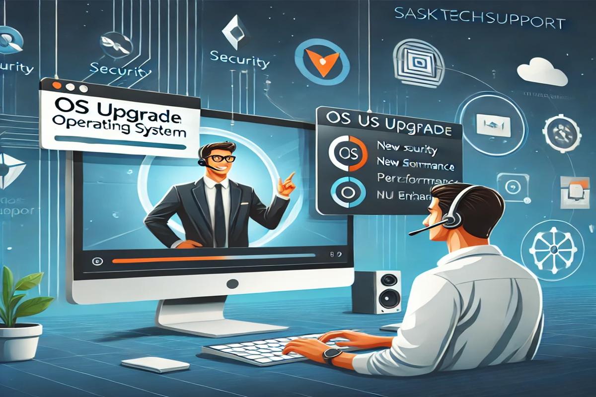 Professional illustration showcasing the experience of an operating system upgrade with expert remote guidance from SaskTechSupport, featuring upgrade progress, enhanced features, and a modern workspace."