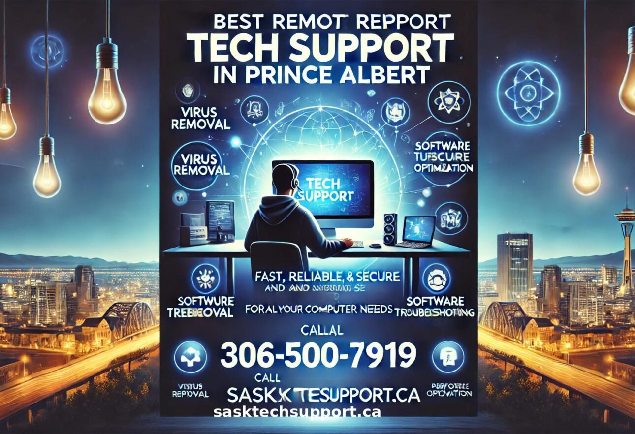 Professional banner promoting the best remote tech support for computers in Prince Albert, featuring a glowing desktop computer, remote technician, and the Prince Albert cityscape, with text highlighting fast, reliable, and secure services.