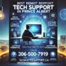 Professional banner promoting the best remote tech support for computers in Prince Albert, featuring a glowing desktop computer, remote technician, and the Prince Albert cityscape, with text highlighting fast, reliable, and secure services.