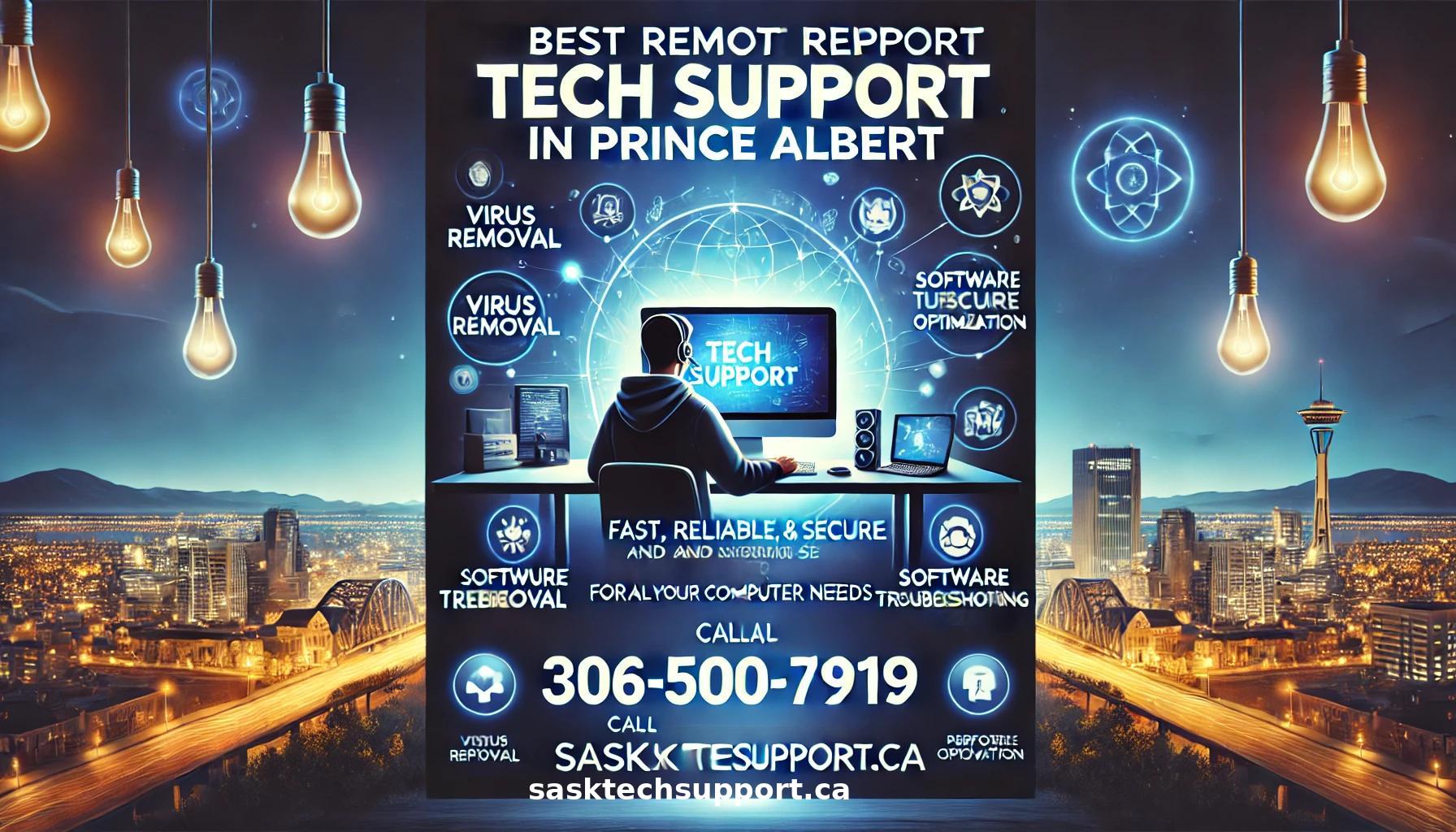 Professional banner promoting the best remote tech support for computers in Prince Albert, featuring a glowing desktop computer, remote technician, and the Prince Albert cityscape, with text highlighting fast, reliable, and secure services.