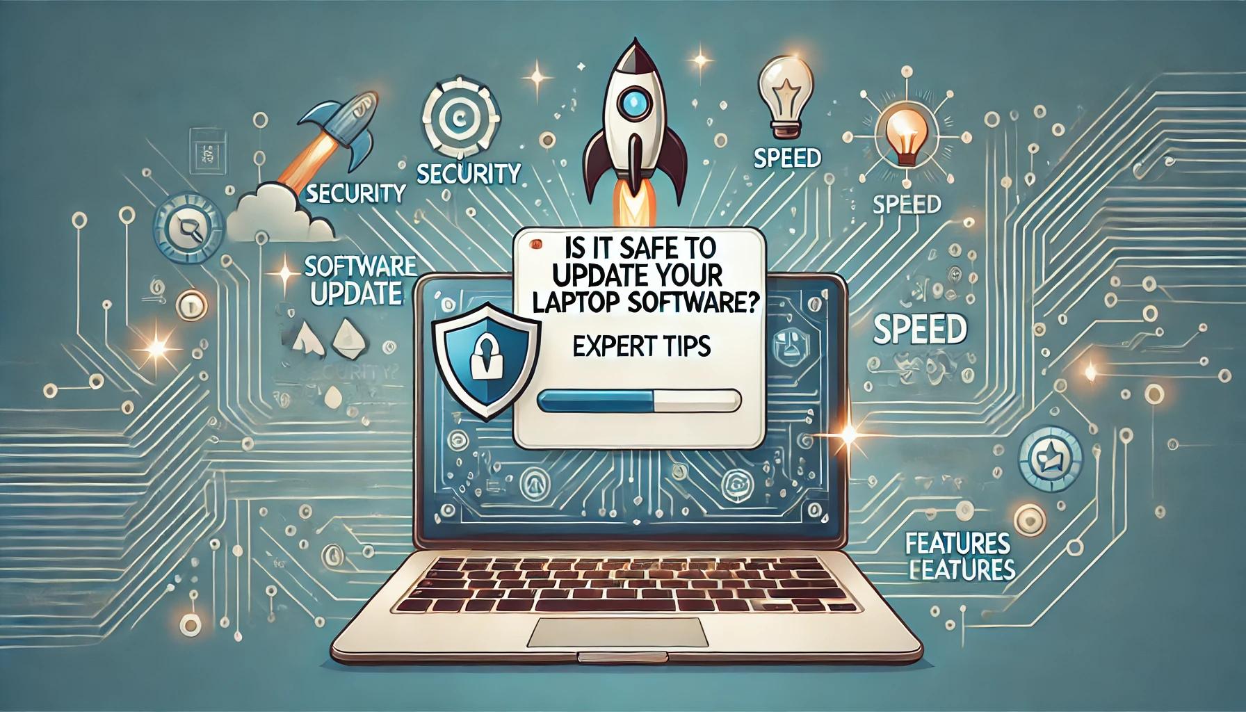 Illustration of a laptop with a software update notification, surrounded by icons representing security, speed, and features, set against a tech-themed background to emphasize expert tips for safe laptop software updates.