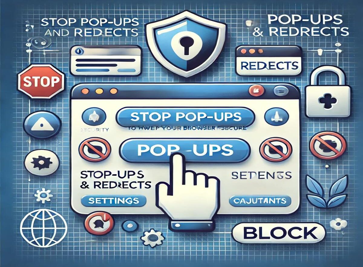 Illustration of a browser window with pop-up and redirect warning icons, surrounded by symbols like a shield, settings gear, and block icon, with a clean and secure digital-themed background.