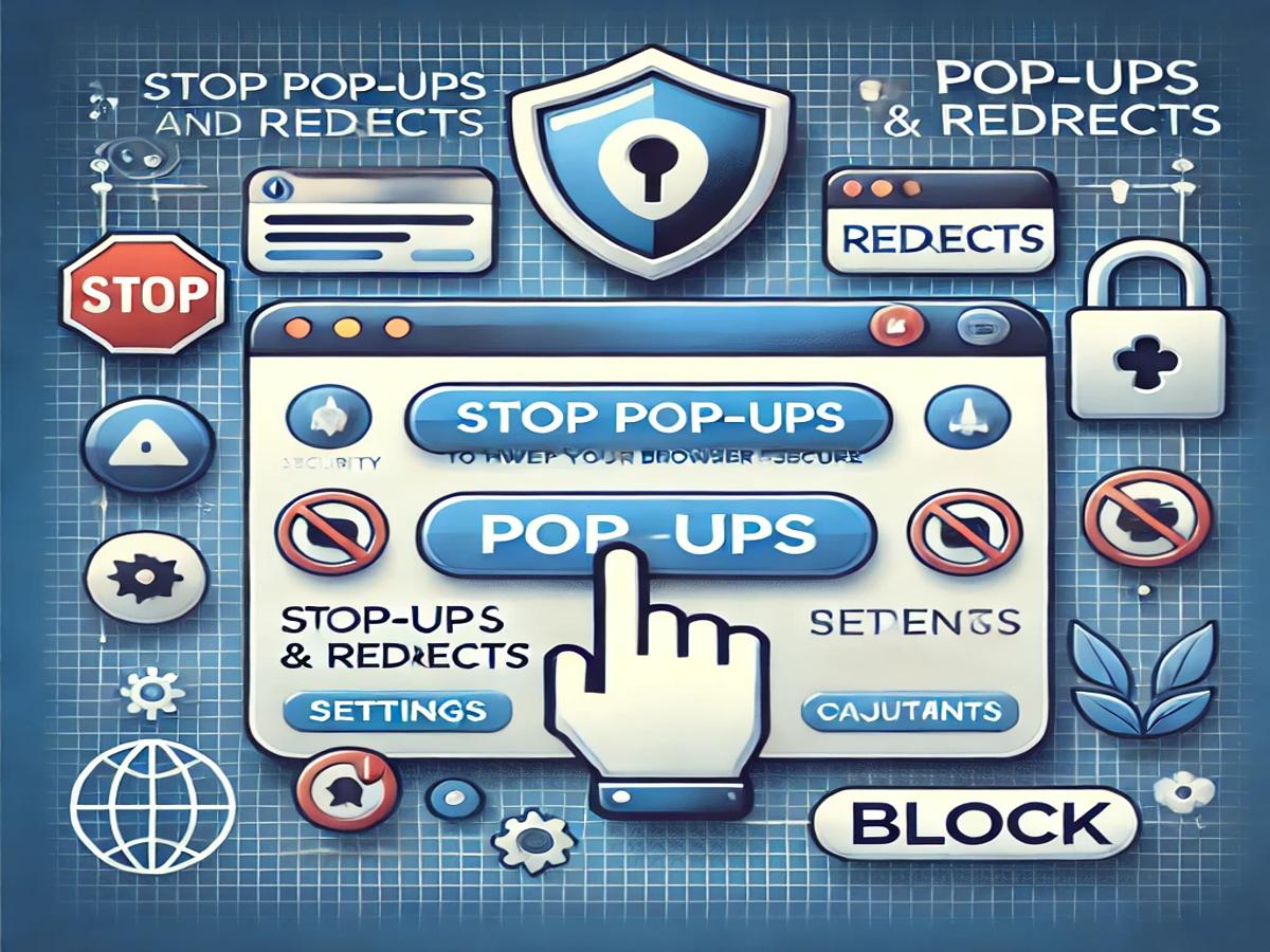 Illustration of a browser window with pop-up and redirect warning icons, surrounded by symbols like a shield, settings gear, and block icon, with a clean and secure digital-themed background.