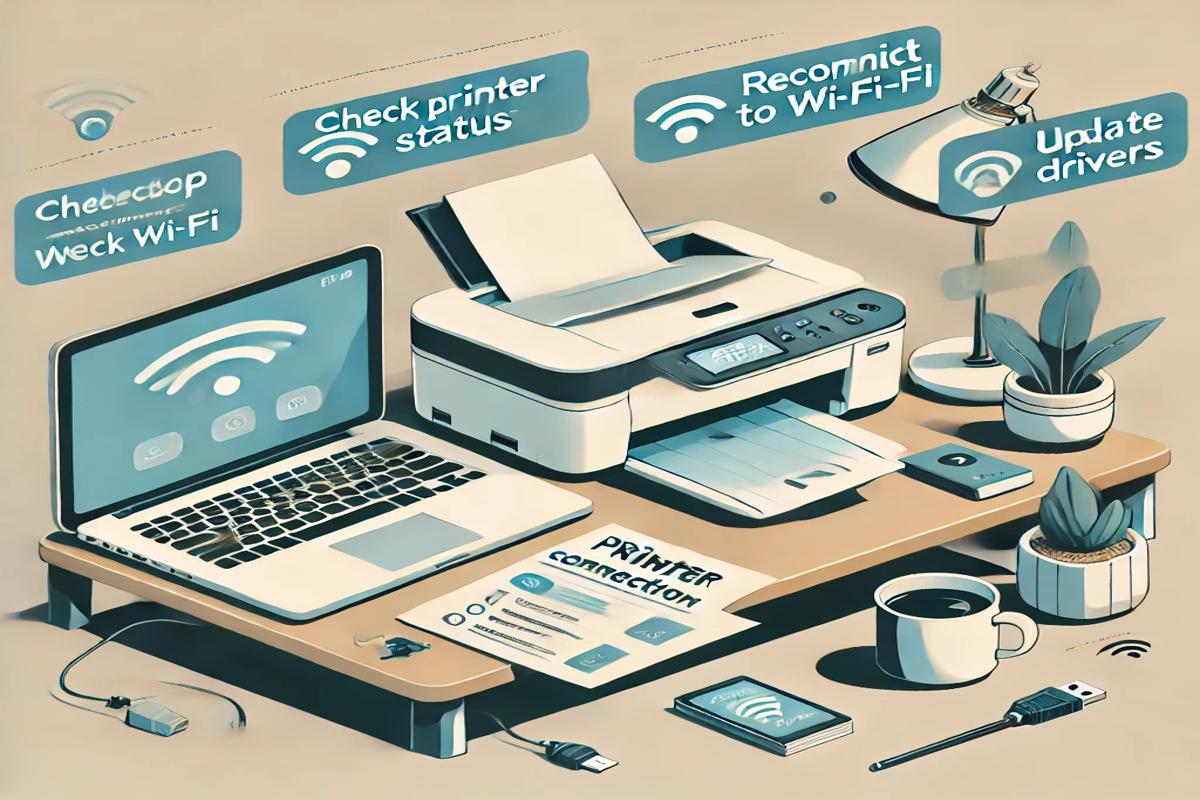 An illustration showing how to resolve printer connection issues at home, featuring a laptop, wireless printer, troubleshooting options, and a cozy home office setup.