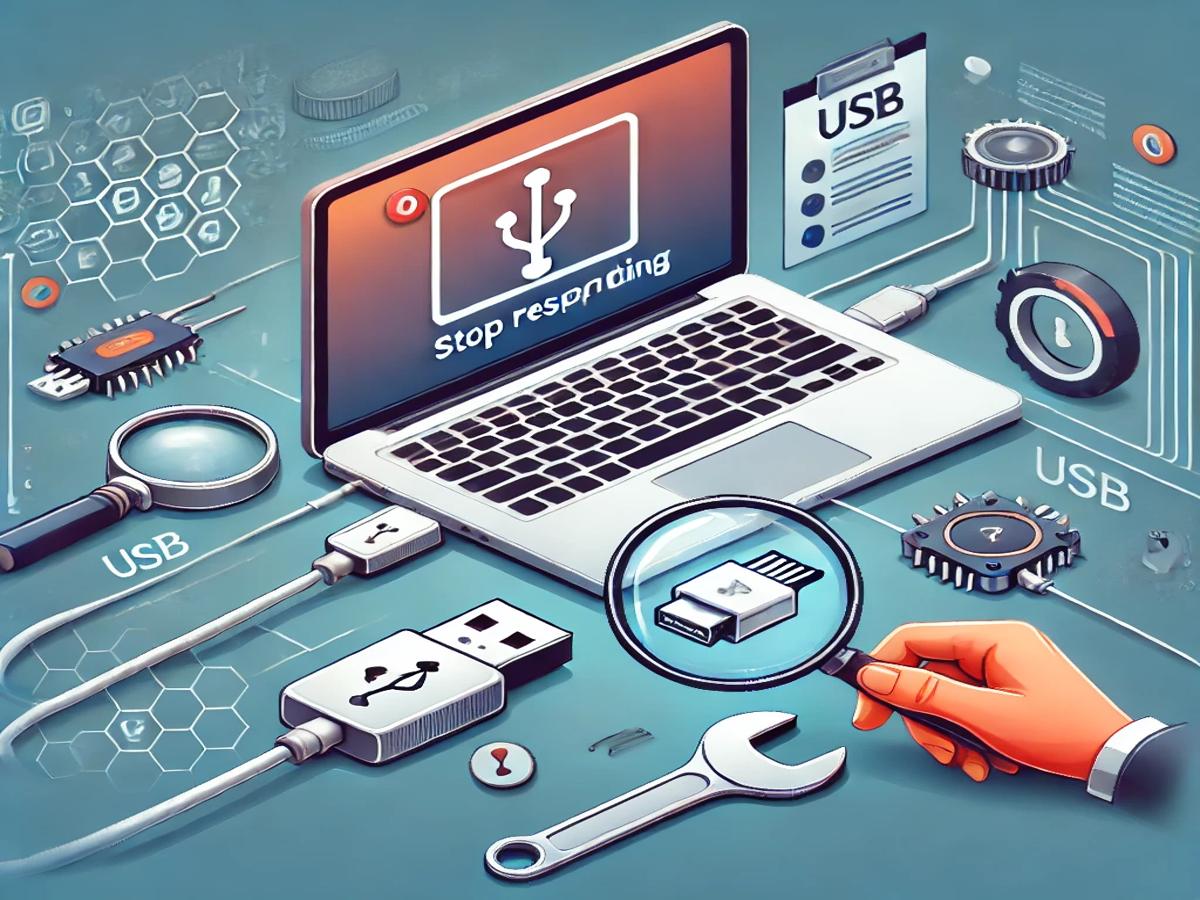 Illustration showing a laptop with non-functional USB ports, a disconnected USB cable, an error icon, and troubleshooting symbols like a wrench and a magnifying glass, set against a professional tech-themed background.