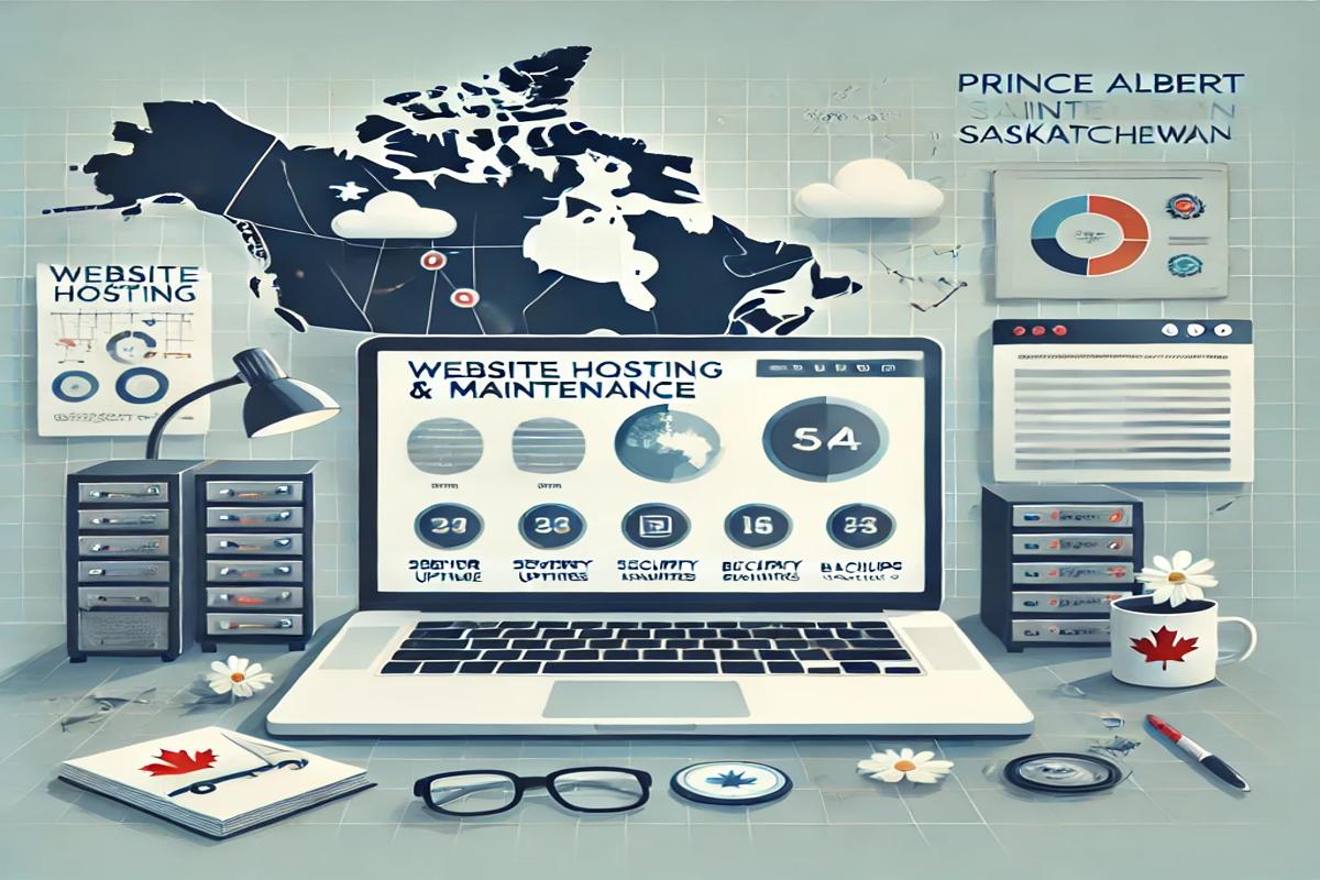 A professional representation of website hosting and maintenance services in Prince Albert, Saskatchewan, featuring a dashboard with options for server uptime, security updates, and backups in a modern workspace.