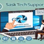 Illustration showing how to resolve a Windows update loop with remote assistance from SaskTechSupport, featuring troubleshooting steps and a tech expert's guidance.