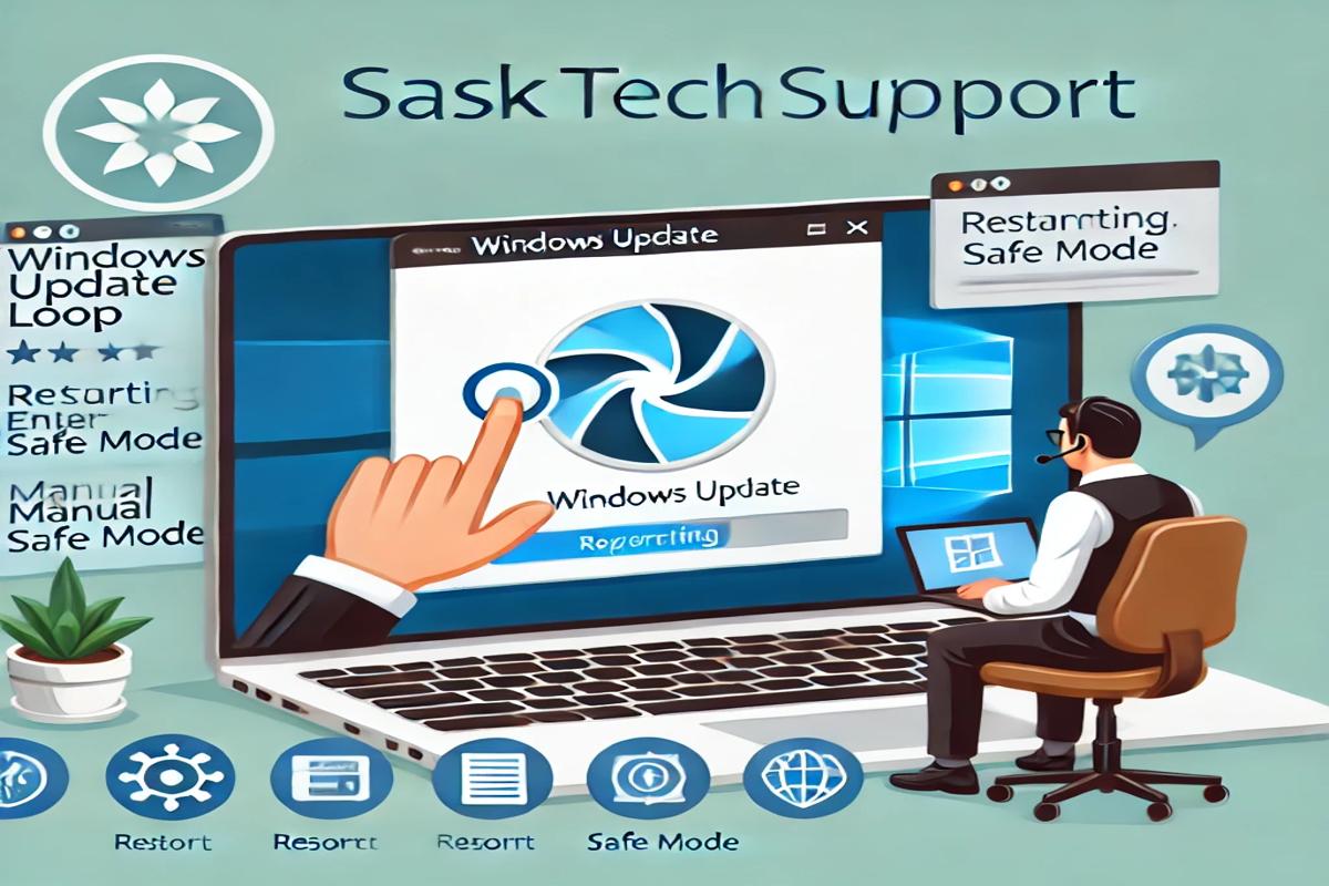 Illustration showing how to resolve a Windows update loop with remote assistance from SaskTechSupport, featuring troubleshooting steps and a tech expert's guidance.